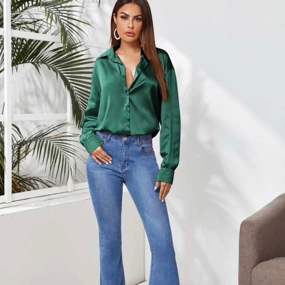 Solid Button Through Satin Shirt - image 1